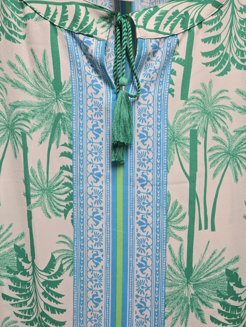 Ruby Rd. Teal Palm-Print Tassel Front Blouse - Picture 3 of 4